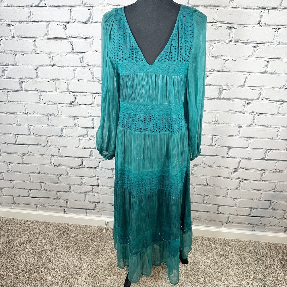 Sundance Adore Moi Long Sleeve Midi Dress Medium Pacific Teal Tiered Sheer Boho - Picture 2 of 12